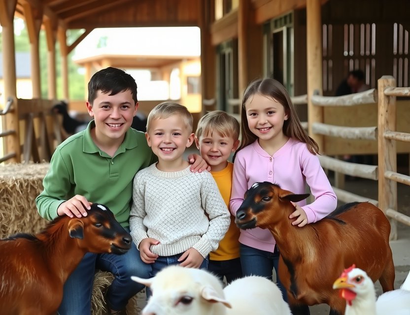 Familie bei Hoftour auf dem Bauernhof