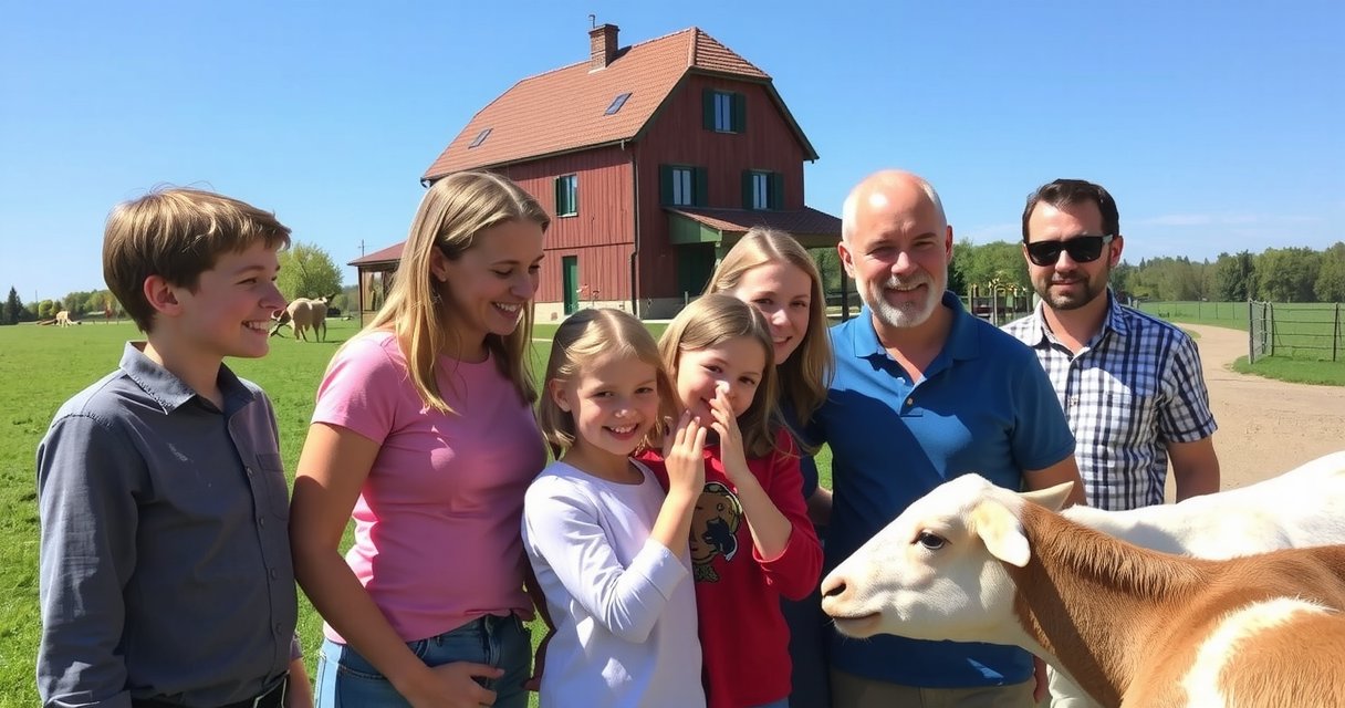Gruppe bei Tierfütterung auf Hoftour, Familienausflug Bauernhof
