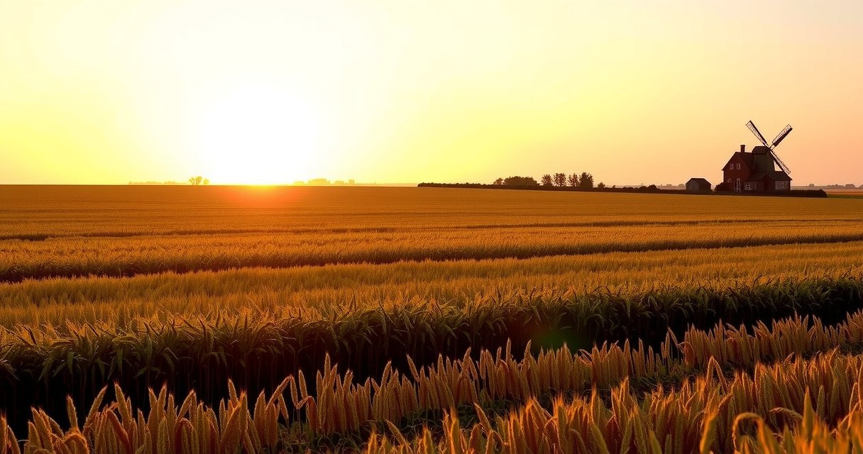 Sonnenuntergang über den Feldern des Bauernhofs