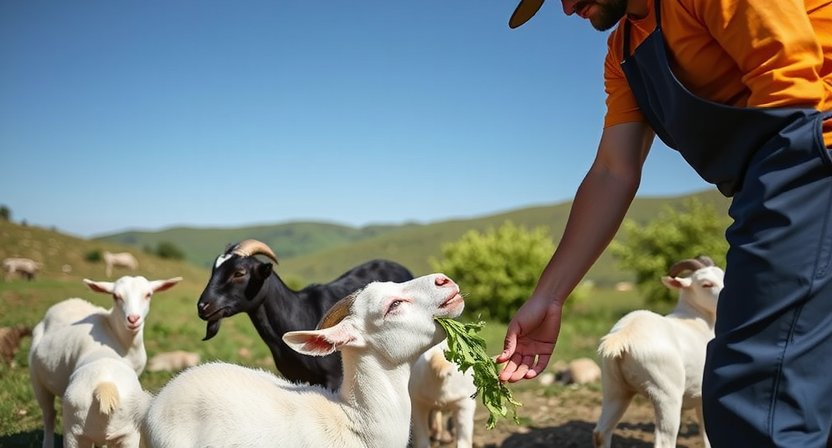Fütterung der Ziegen um 8 Uhr, artgerechte Tierhaltung